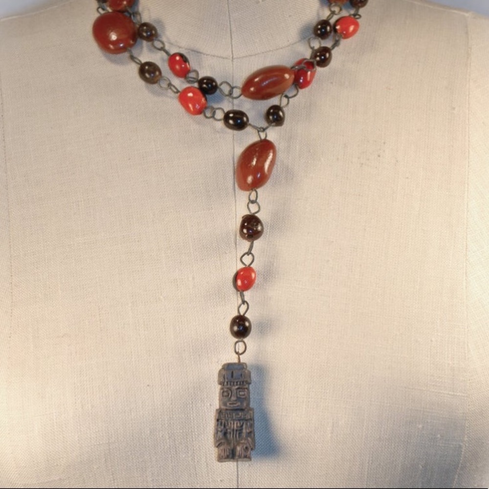 Vintage Aztec Mayan Tiki Idol Seed Link Pullover Necklace